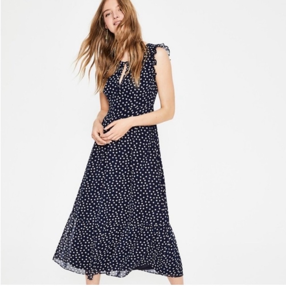 Boden Navy Polka Dot Midi Dress with Ruffle Shoulders